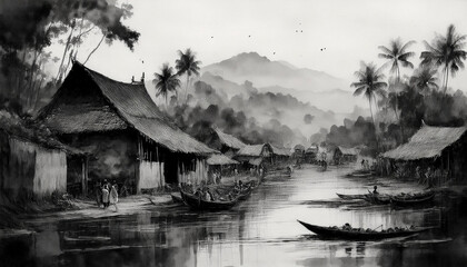 The painting depicts a riverside village house