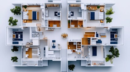 Aerial view of modern apartment layout showcasing interconnected rooms with stylish furnishings and green landscaping.