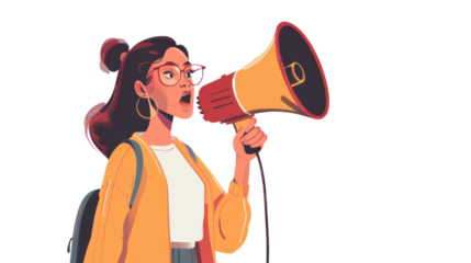 Woman holding megaphone isolated on white background