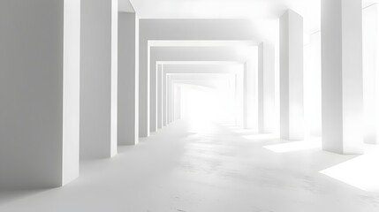 Obraz premium A minimalist hallway with bright white walls and columns, leading to a bright light at the end. The simplicity and clean lines create a sense of peace and tranquility.
