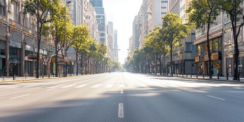 Empty Street in City Center with Shops and Buildings