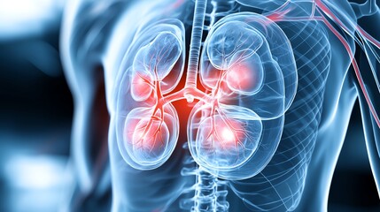 3D medical illustration of human kidneys with highlighted red areas.