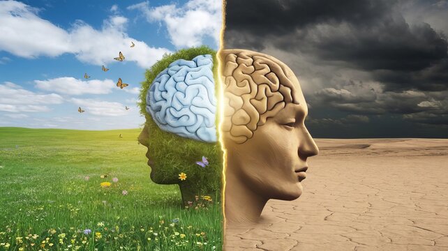 Dualities of the Mind: A vibrant green meadow and a parched desert converge in this thought-provoking image, symbolizing the contrasting forces within our minds. A human brain, split down the middle, 