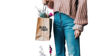 Hand holding a bag with Black friday sale banner isolated on white background