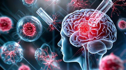 Conceptual illustration of brain cancer research with test tube and cells.