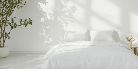 Minimalist Bedroom Interior Design with White Bed  Plant and Sunlight