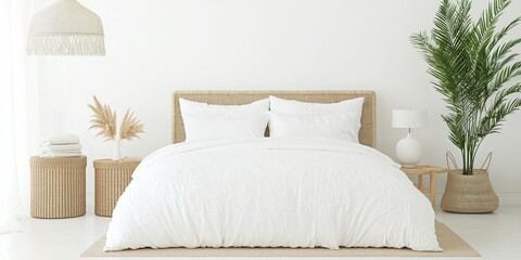 Minimalist White Bedroom Interior with Rattan Bed Frame  Palm Plant  and White Bed Linen