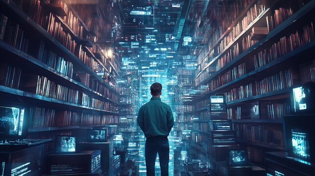 A man standing in front of futuristic nextgen vast library advanced technology and neon blue lights digital background