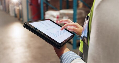 Logistics, screen and woman in warehouse with tablet for supply chain statistics in export distribution. Inventory management, inspection and person in factory with digital app for business metrics - Powered by Adobe