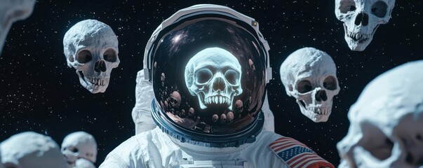 Astronaut on a spacewalk collecting eerie, glowing alien skulls floating in the void, Halloween astronaut, alien skull collection