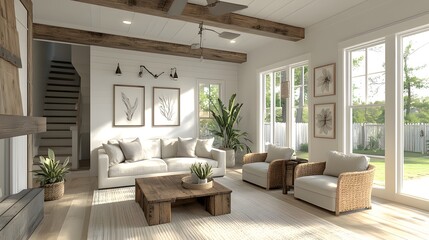 Fototapeta premium A cozy rustic living room with a modern twist, featuring a mix of wood and metal elements, neutral colors, and comfortable seating. 