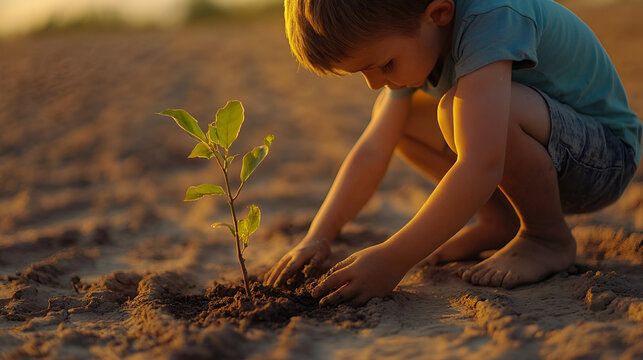 ni&ntilde;o peque&ntilde;o plantando un arbol en tierra seca con la esperanza de reforestar el campo y mejorar el medio ambiente infancia feliz y de aprendizaje