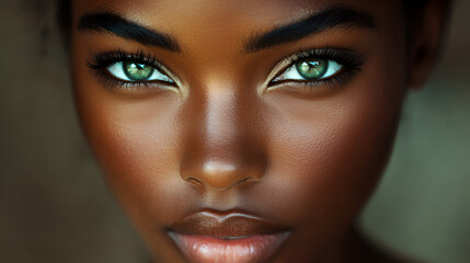 Fototapeta premium acercamiento de la cara del rostro de una modelo mujer morena de ojos verdes mirando a la camara con una mirada profunda y hermosa