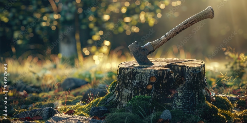 Poster iron tool with wooden grip embedded in log