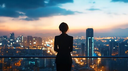 Woman Silhouette Looking at City Lights at Sunset