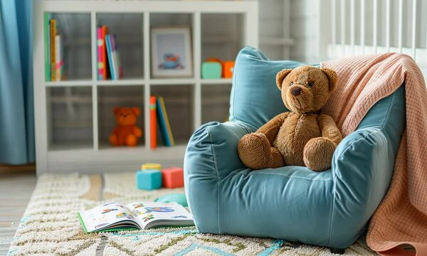 A bear sits on a blue armchair in brightly lit children's room with an open book and toys