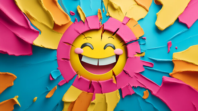 cara feliz rodeada de muchos colores expresiones y emociones de felicidad y emocional bienestar y salud mental 