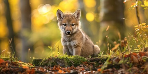 Young gray wolf pup in the springtime