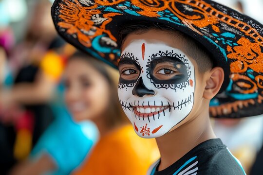 National Hispanic Heritage Month with a celebration of Hispanic traditions, illustrated in a scene where people participate in traditional ceremonies, such as Dia de los Muertos or Las Posadas,