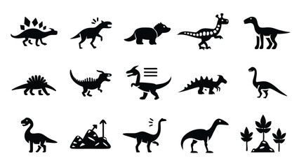 Isometric set of 15 dinosaur icons in black and white.