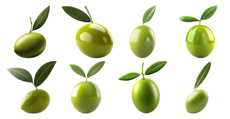 Obraz premium A Collection of Green Olives with Leaves Isolated on Black Background
