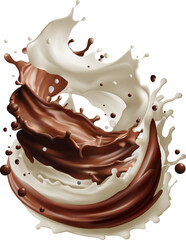 Milk splash swirls and flow. Realistic vector background with cocoa and milky waves with drops. Vector illustration isolated on white background.