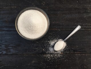 sugar in a bowl on the black wooden table. Food ingredient 