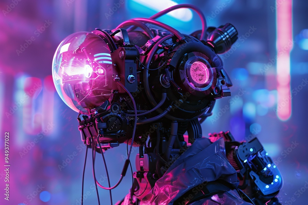 Aufkleber cyberpunk robot wearing a hologram projector, creating digital art, 3d render, created by ai