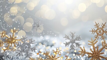 Sophisticated silver Christmas background with gold sequins and snowflakes. Sleek and modern.