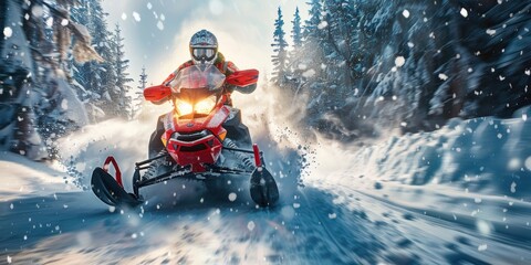 Snowmobile Adventure in Snowy Forest