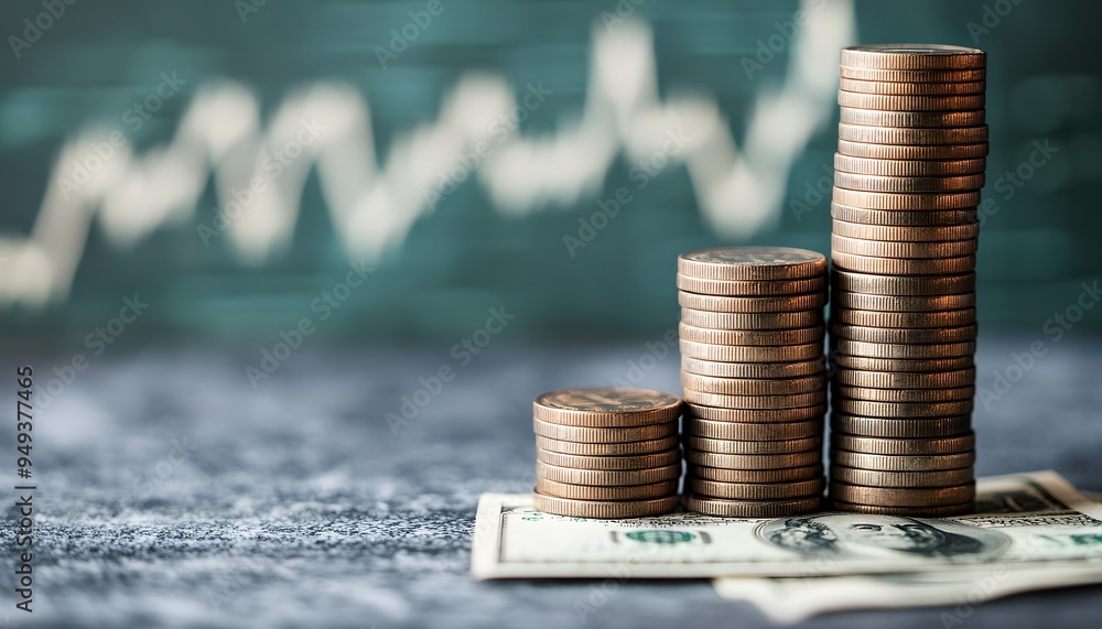 Poster stacked coins on a dollar bill with a blurred stock chart in the background