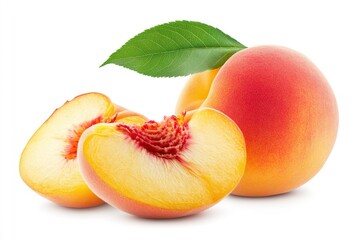 Ripe peach with leaf and peach slices on white background. File contains clipping path with generative ai