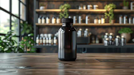 A black bottle with a black lid sits on a wooden counter with a bar behind it.