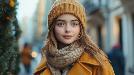 Winter Portrait of Smiling Woman Wearing Yellow Beanie and Coat on City Street