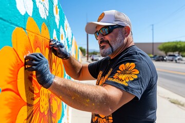 National Hispanic Heritage Month with a community mural project, depicted in an artwork where local artists and community members collaborate to create a mural that tells the story of their
