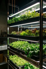 Vertical farm with stacked trays of leafy greens under bright LED lights. The setup is compact and efficient, maximizing space, Generative AI 