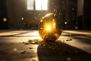 Shiny Golden Nest Egg On Wooden Table Cracking Open With Burst Of Light - Investment Maturity Concept with generative ai