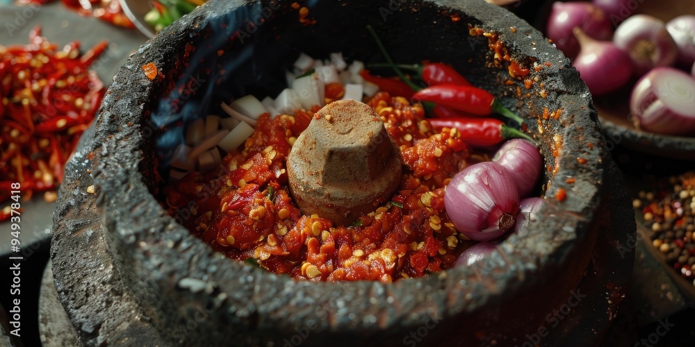 Wall mural Traditional cooking ingredients including chili, tomato, onion, shallot, shrimp paste, and sambal terasi, processed using a stone grinder.