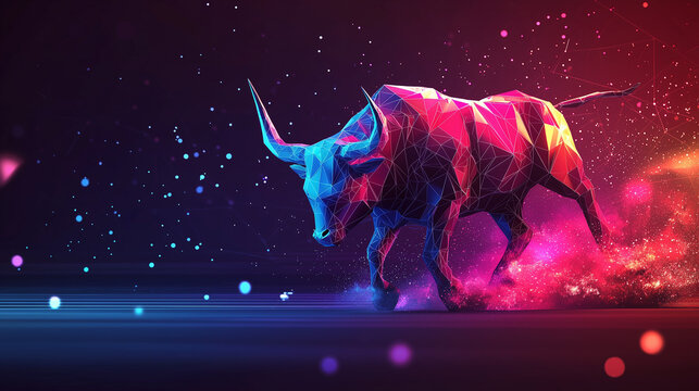 A polygonal bull in mid-charge, with sharp edges and angular facets