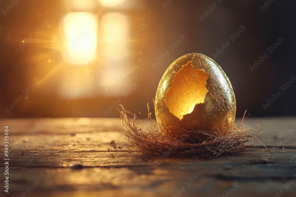 Wall mural shiny golden nest egg on wooden table cracking open with burst of light - investment maturity concep