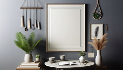 Mockup poster wooden frame on wall close up front view