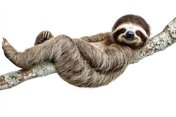 Fototapeta premium Sloth, Animal of Costa Rica on white background, isolated, funny animal hanging on tree branch scratching belly, cute, funny and chilled with generative ai