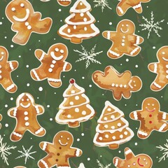 Gingerbread pattern. Festive background with cookies, cups, candy, cane. and tree Vector illustration in flat style, seamless pattern 