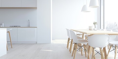 Minimalist Modern Kitchen Interior with White Cabinets and Wooden Table