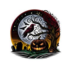 Crows visit graveyard on Halloween.