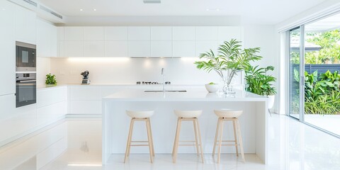Modern Kitchen Island with Bar Stools and Sliding Glass Doors