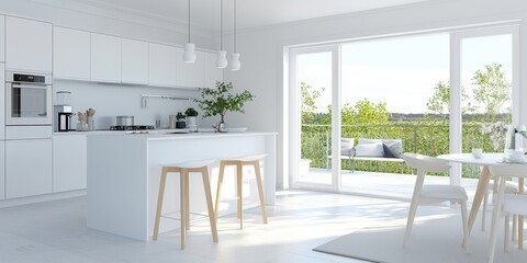 Fototapeta premium Modern White Kitchen Interior Design with Island and Patio View