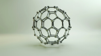 Generate a highly detailed 3D model of a molecular structure resembling a carbon nanotube or fullerene (buckyball) with hexagonal and pentagonal shapes connected by smooth rods. The structure should h