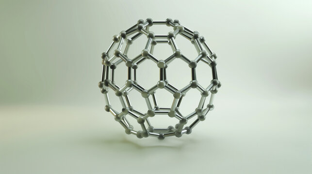 Generate a highly detailed 3D model of a molecular structure resembling a carbon nanotube or fullerene (buckyball) with hexagonal and pentagonal shapes connected by smooth rods. The structure should h