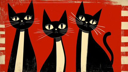 Retro-inspired Halloween illustration of three black cats on a vibrant red background